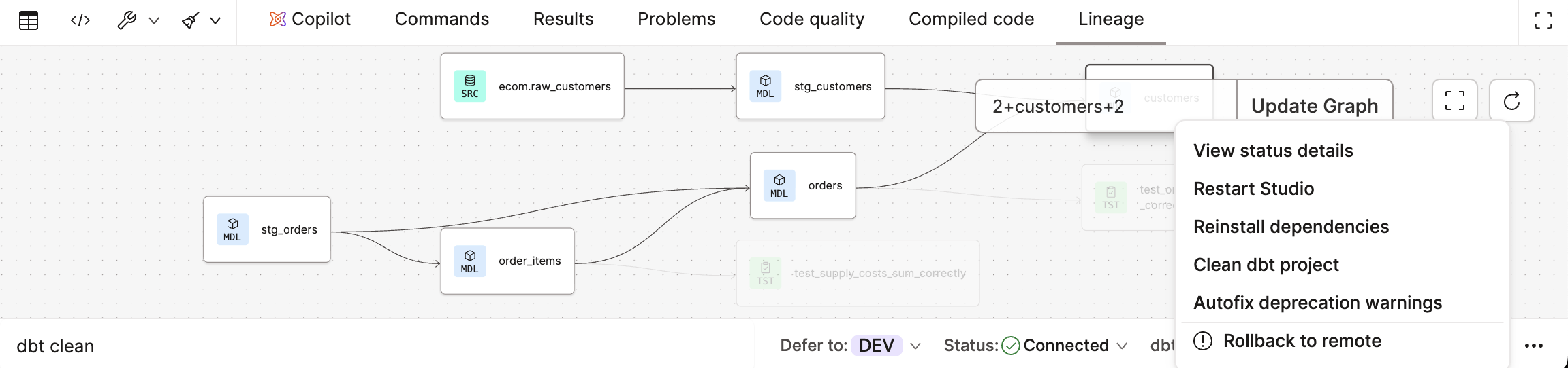 Access the Studio IDE options menu
