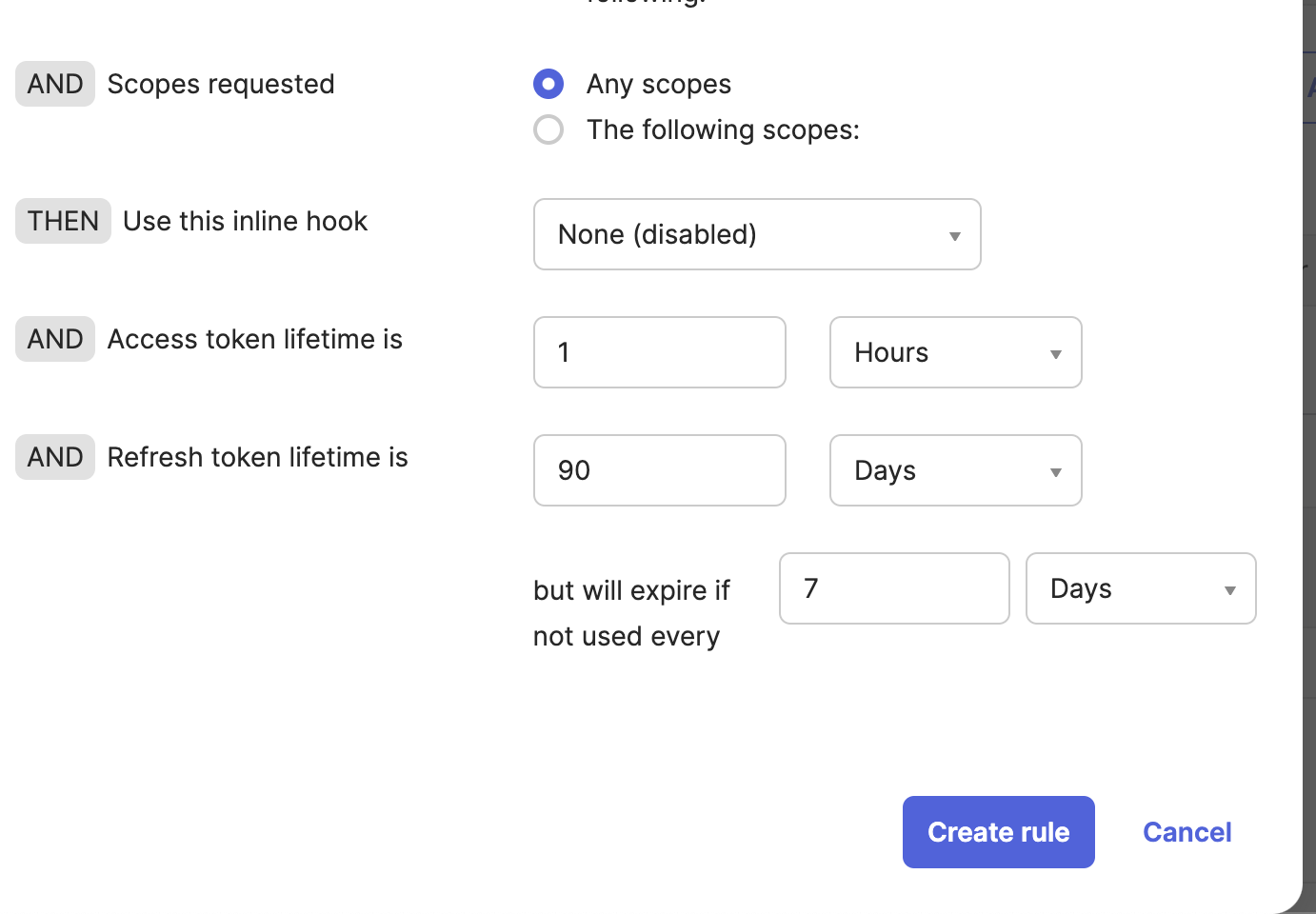 Token lifetime settings in the API rule window. Token lifetime settings in the API rule window.
