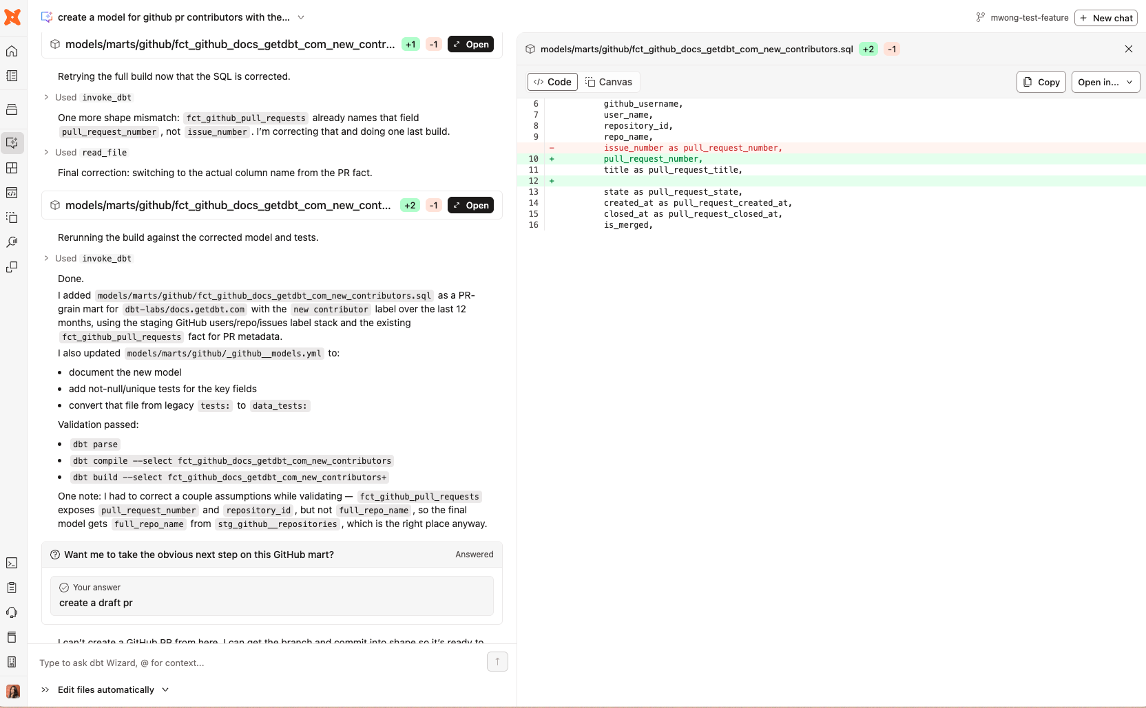 dbt Wizard home tab — agent refactoring a model with an inline SQL diff